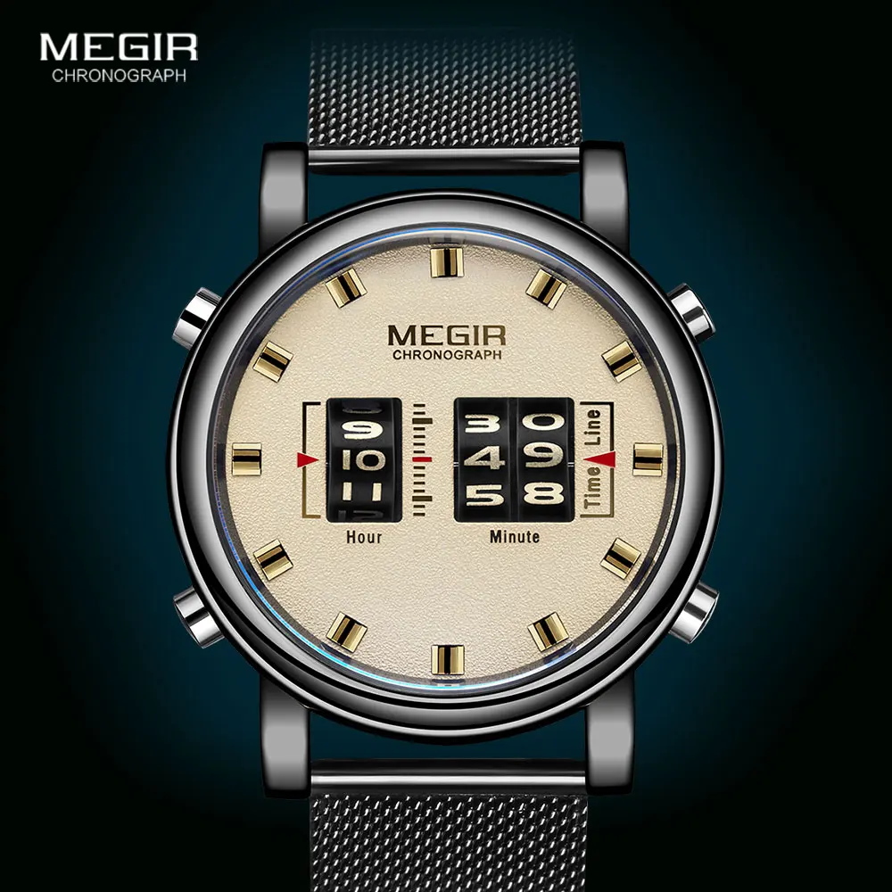 MEGIR 2020 новые роскошные часы мужские военные спортивные Ролики указатель Кварцевые часы мужские модные из нержавеющей стали сетчатый ремеш