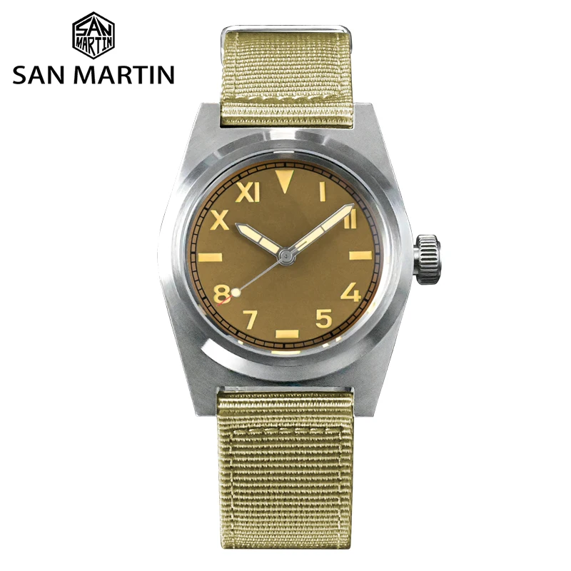 San Martin Pilot часы NH35 38 мм винтажные военные энтузиасты сапфир автоматические механические мужские часы нейлоновый ремешок 20Bar Lume