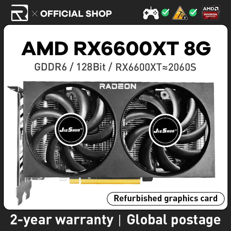 JIESHUO AMD Radeon RX 6600XT 8 Гб видеографический ГПУ GDDR6 2048 бит rx6600xt 8g ПК настольный игровой офис KAS RVN CFX ETH и т. д.