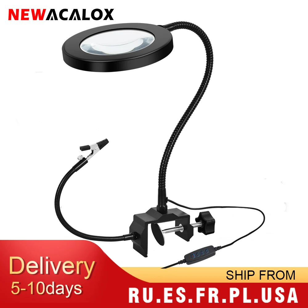 NEWACALOX 5X USB СВЕТОДИОДНЫЙ Лупа с 2 шт. гибкие руки подставка для паяльника с подсветкой увеличительные очки сварочный инструмент для третьей руки