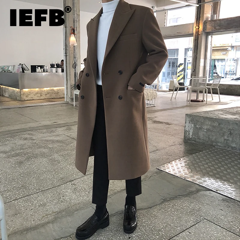 Мужское шерстяное пальто средней длины IEFB, черное утепленное пальто в Корейском стиле, двубортные куртки с длинным рукавом, Осень-зима