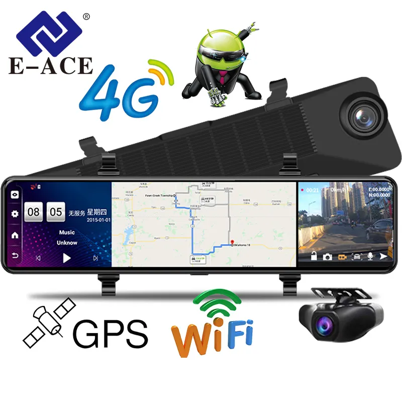 E-ACE 12 дюймов 4G Android 8.1 Автомобильный видеорегистратор с зеркалом заднего вида, видеорегистратор с gps-навигацией, черная коробка с поддержкой камеры заднего вида 1080P