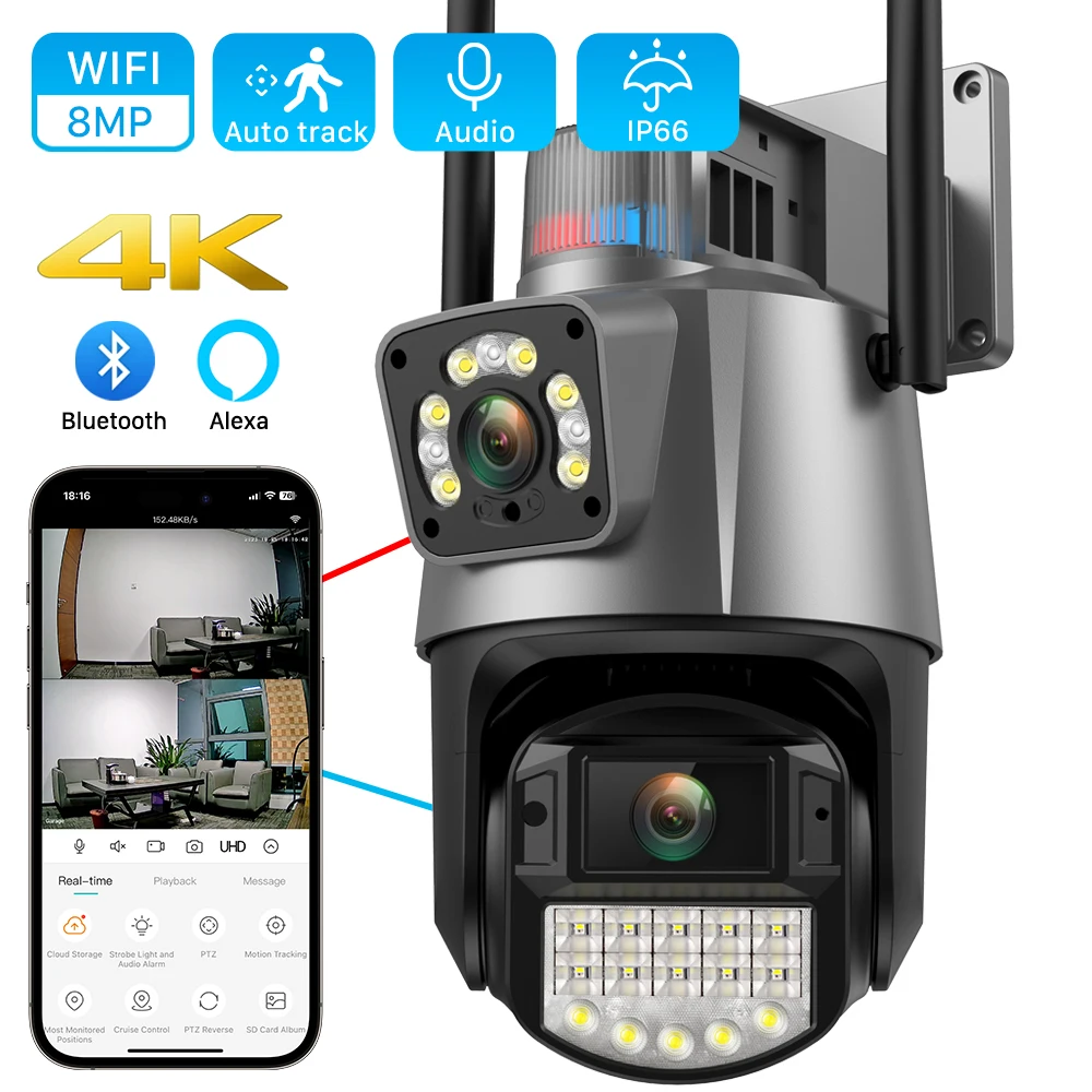 IP -камера на открытом воздухе 8MP 4K с двойной линзой, AI Auto Tracking, видеокамера видеонаблюдения, 4 -кратный масштаб, двойные экраны, 8MP, 4K, ICSEE