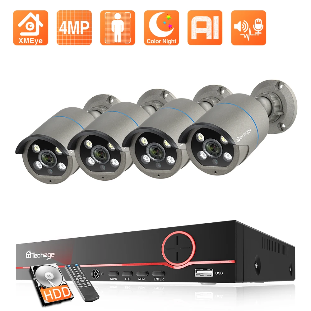 Комплект камер видеонаблюдения Techage, 8 каналов, 4 МП, POE, IP-камеры с датчиком лица и записью звука, комплект видеорегистратора H.265