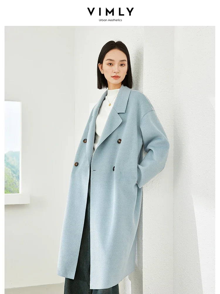 Vimly синие шерстяные и смешанные пальто 2023 осень зима двубортные толстые элегантные офисные женские куртки с длинным рукавом для женщин 16328