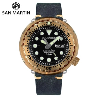 Часы San Martin Diver Tuna Bronze, автоматические механические мужские часы с кожаным ремешком, сапфировые светящиеся водонепроницаемые часы 300 м с календарем и Windows
