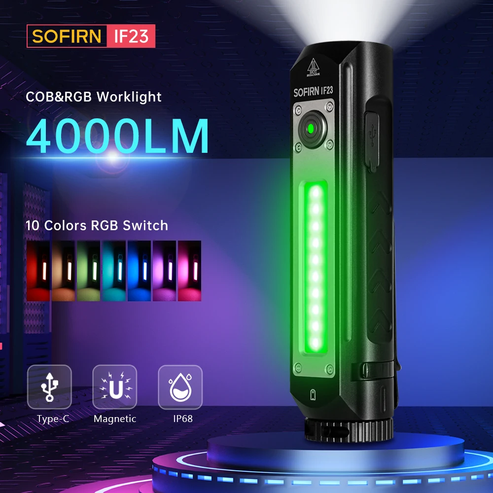 Sofirn IF23 RGB светильник 21700 лм, мощный фонарик, 5 В, 3 А, USB C, перезаряжаемый прожектор, фонарь с магнитом