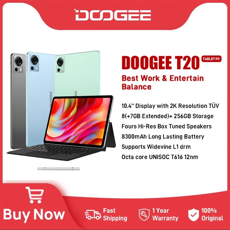 Планшет DOOGEE T20 10,4-дюймовый дисплей с сертификацией 2K TÜV, 8 ГБ + 256 ГБ, 8 ядер, Widevine L1, четыре динамика высокого разрешения, 8300 мАч