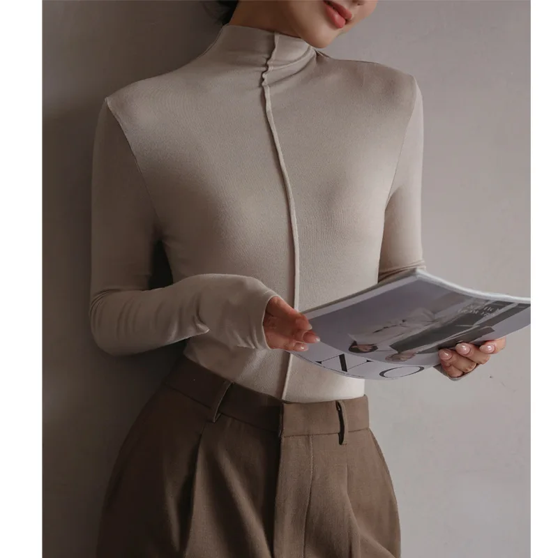 Корейские стильные осенние женские футболки, Модальные базовые Лоскутные облегающие элегантные топы с длинным рукавом, женская блузка C5405
