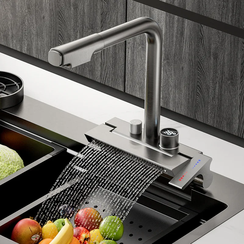 Выдвижной Смеситель для кухни, кран «Водопад» с одним отверстием, цифровой дисплей, для горячей и холодной воды, кухонная раковина, инструм