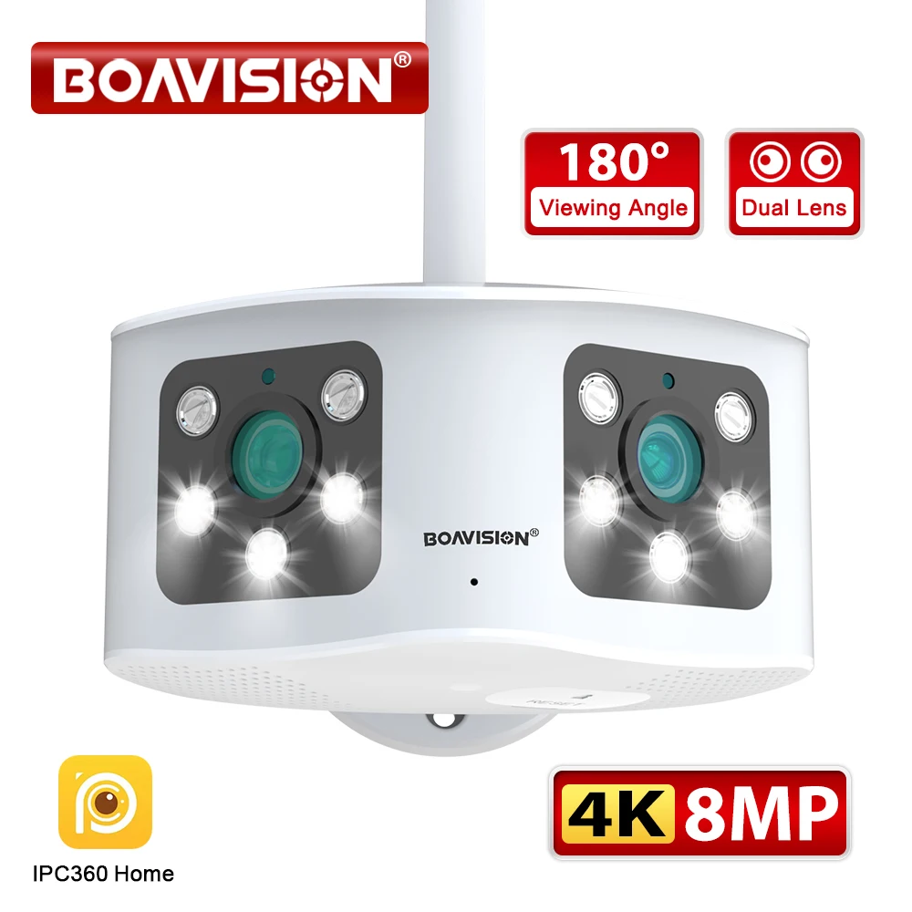 BOAVISION HD 4K 8MP WIFI с двумя объективами панорамная фиксированная камера 180 ° Широкий угол обзора наружная 6MP AI камера наблюдения человека