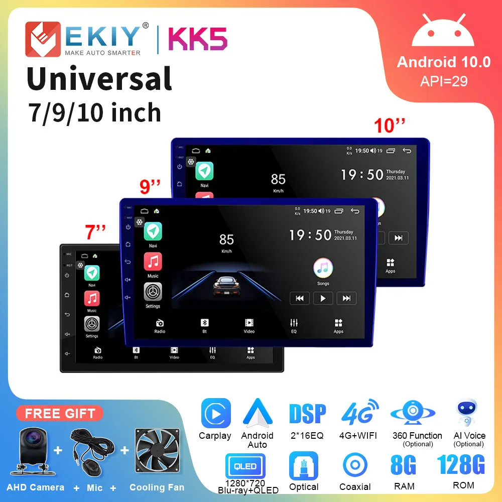 EKIY QLED 1280*720 универсальный автомобильный радиоприемник, головное устройство, GPS-навигация, все в одном, Android 10, Bluetooth, Carplay, мультимедийный стереоплеер