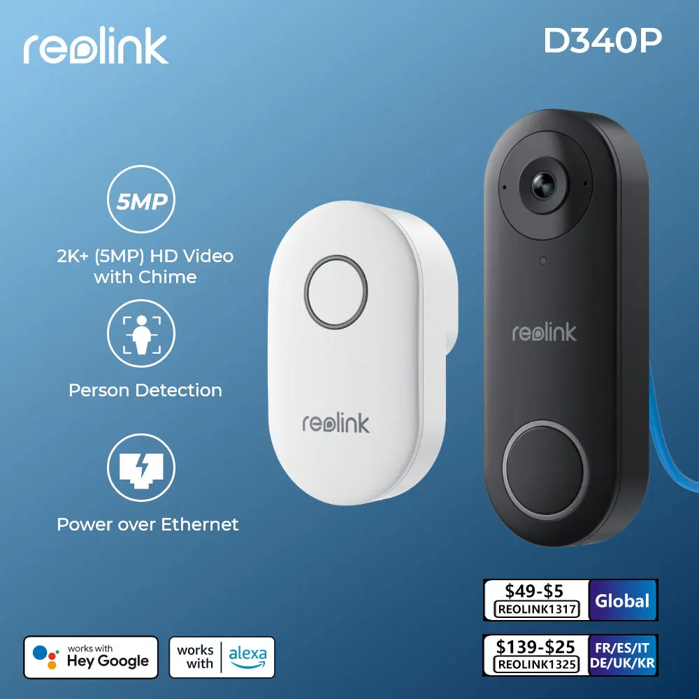 Reolink видео дверной звонок PoE Smart 2K + проводной PoE видеодомофон с чимом обнаружения человека двухстороннее аудио работает с Alexa Google
