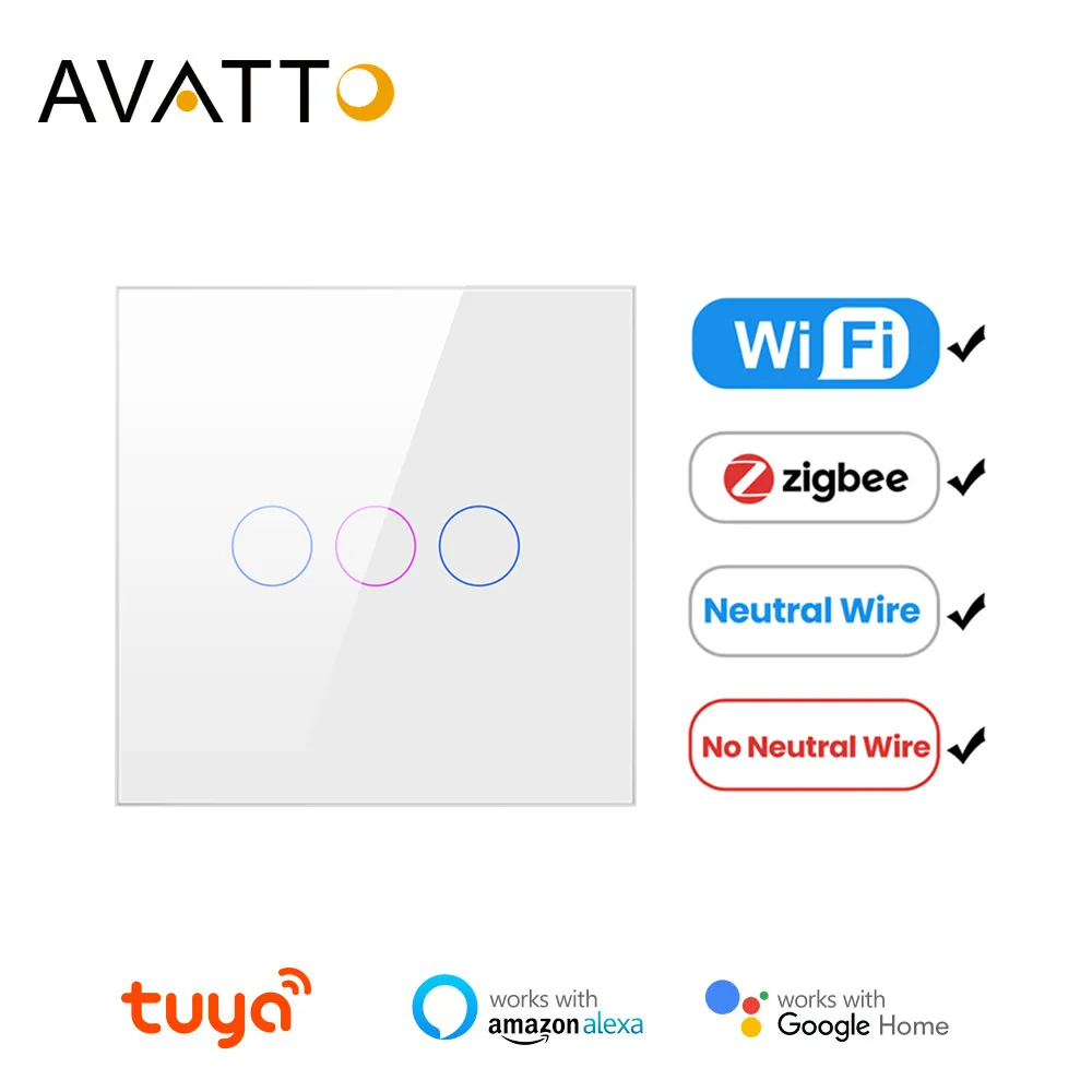 Смарт-выключатель AVATTO Tuya Wi-Fi Zigbee, европейский стандарт, с/без нейтрального провода, сенсорный выключатель, работает с Alexa Google Home Alice
