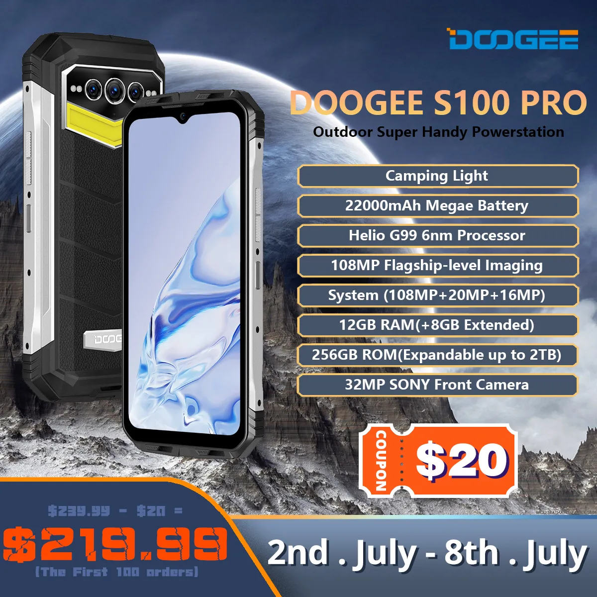 Смартфон DOOGEE S100 Pro защищенный, 12 + 256 ГБ, 6,58 дюйма, Helio G99, 22000 МП, мАч