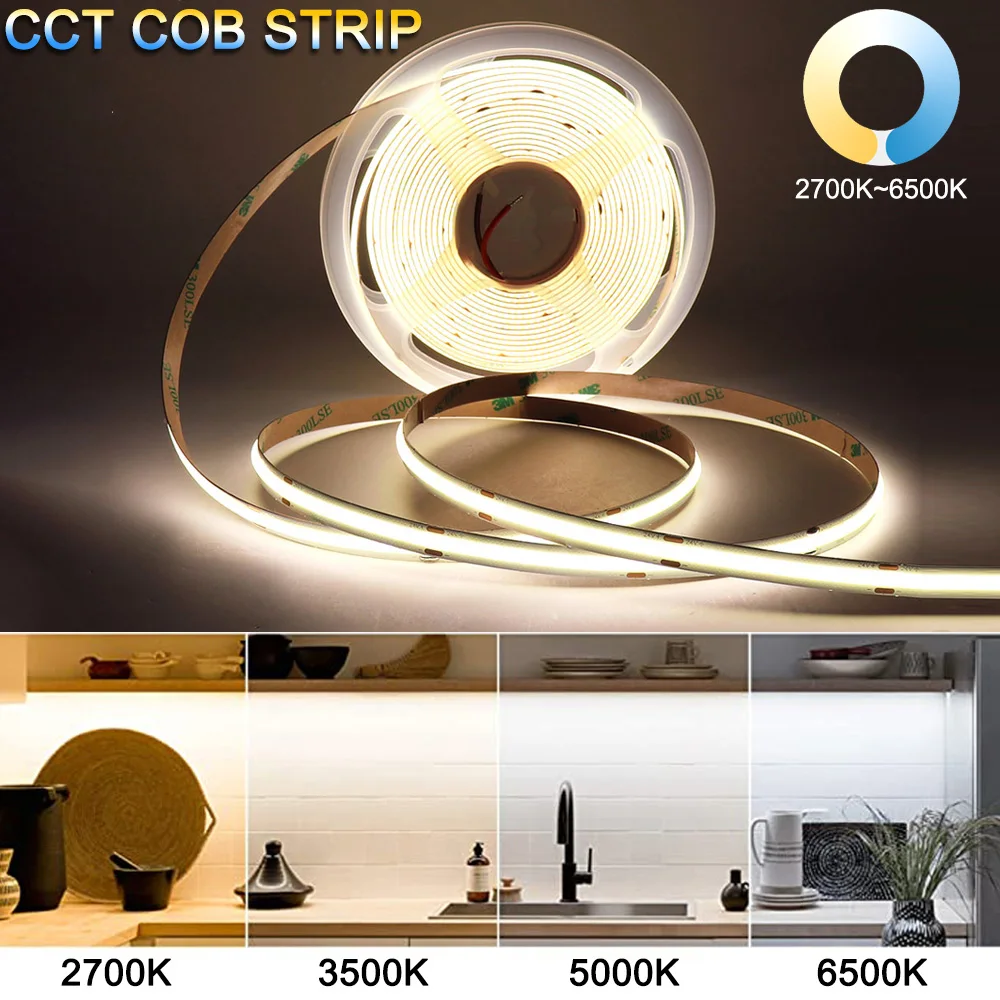 Осветительные полосы 10M COB CCT, ультратонкие, 5 мм, 2 провода, 2700-6500K, двухцветные осветительные полосы с регулируемой яркостью для декора, осве