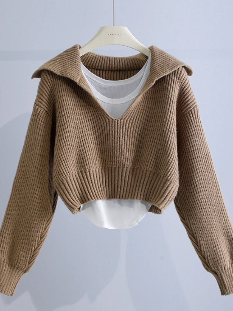 Женский свитер, осень/зима 2023, новинка, пуловер с глубоким V-образным вырезом и лацканами, свитер, кофта, комплект из двух предметов, свитер, 